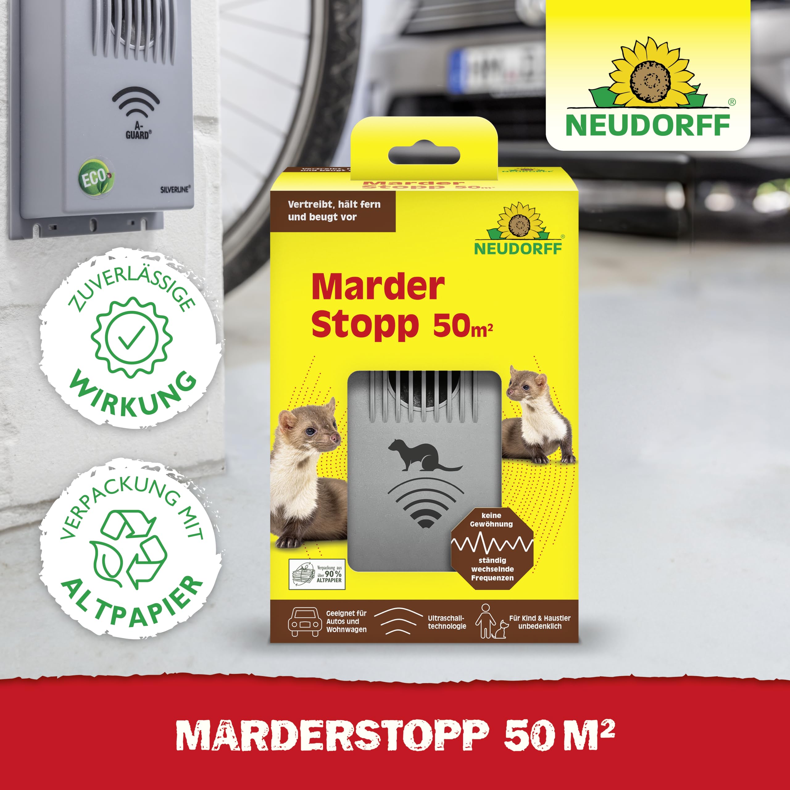 Neudorff MarderStopp 50m² - Vertreibt Marder sofort und dauerhaft aus Autos, Wohnwagen, Dachböden und Garagen. Anti Gewöhnungseffekt, batteriebetrieben, 1 Stück
