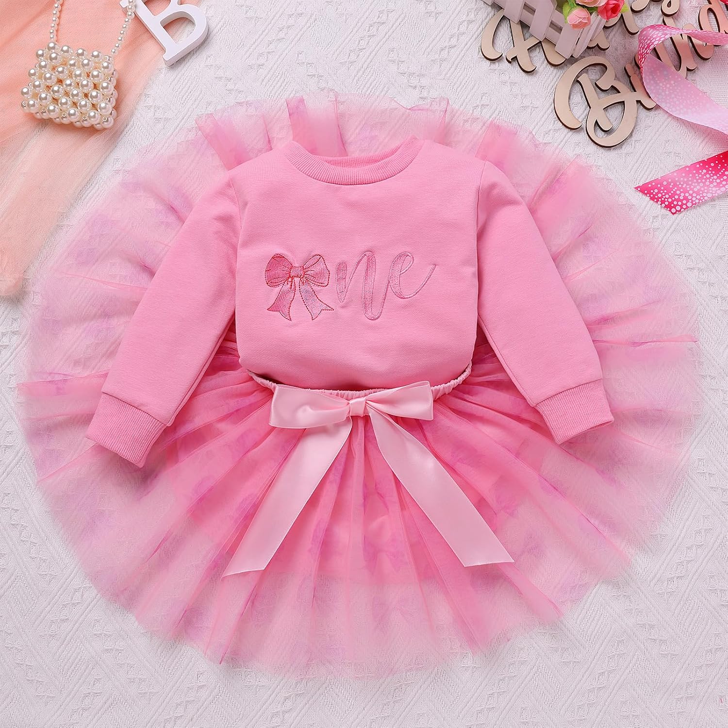 IBTOM CASTLE First Birthday Outfit Girl Baby Long Sleeve Romper Tutu Skirt with Headband Fall Winter Photoshoot Clothes