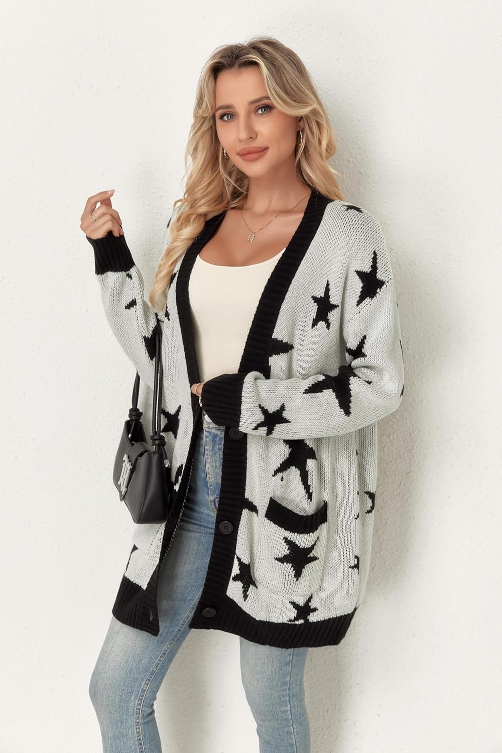 Women's Button Down Open Front Cardigan Knit Sweaters with Pockets Star Bow Print