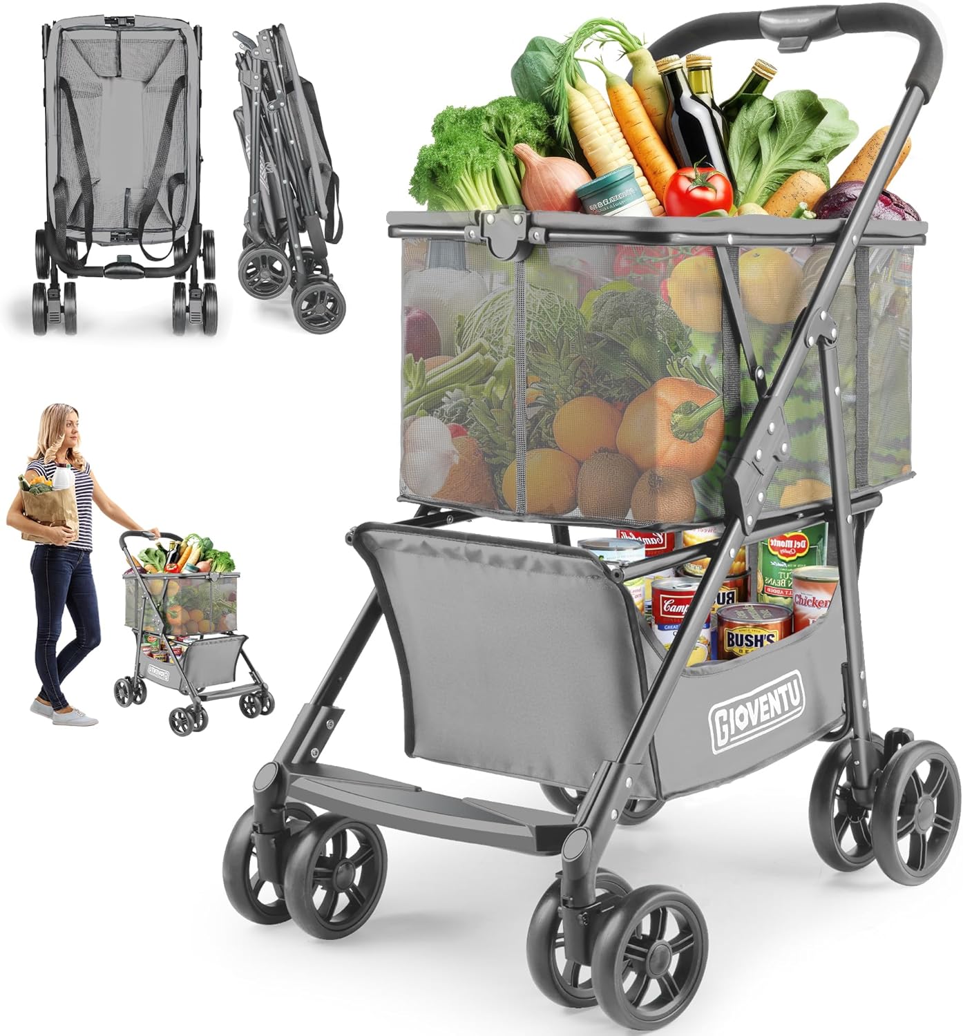 𝟐𝟎𝟐𝟔 𝐔𝐩𝐠𝐫𝐚𝐝𝐞𝐝 Folding Shopping Cart with Wheels, 80lbs Multi Use Grocery Carts with 360° Wheels & Removable Tote Bag, Multifunctional Portable Personal Shopping Carts for Groceries, Black