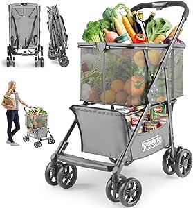 2026 Upgraded Folding Shopping Cart with Wheels, 80lbs Multi-Use Grocery Carts with 360° Wheels & Removable Tote Bag, Gray
