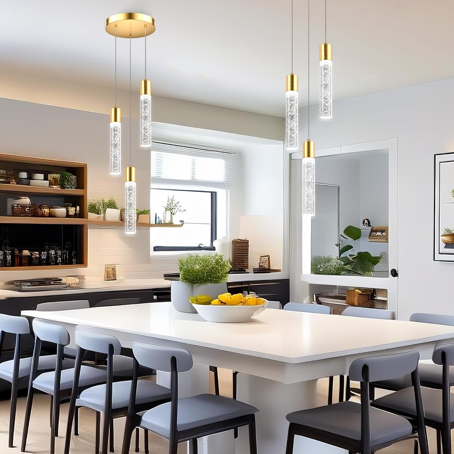 Pendant Lights Kitchen Island 3-Light, 6500K Modern Kitchen Island Lights Ceiling Lighting Fixtures with Crystal Bubble, Integrated LED Cold White Hanging Light Dining Room Light Brushed Gold