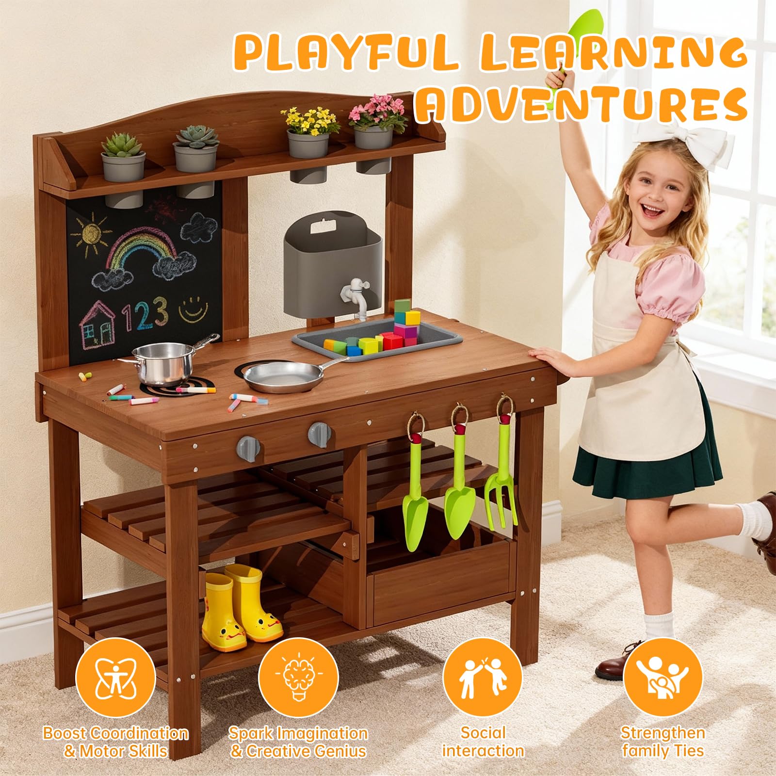 Mud Kitchen for Outdoor, Wooden Outdoor Pretend Kitchen with Sink, Water Slide, Faucet, Stove, Chalkboard and Storage Shelves M3 — view 5