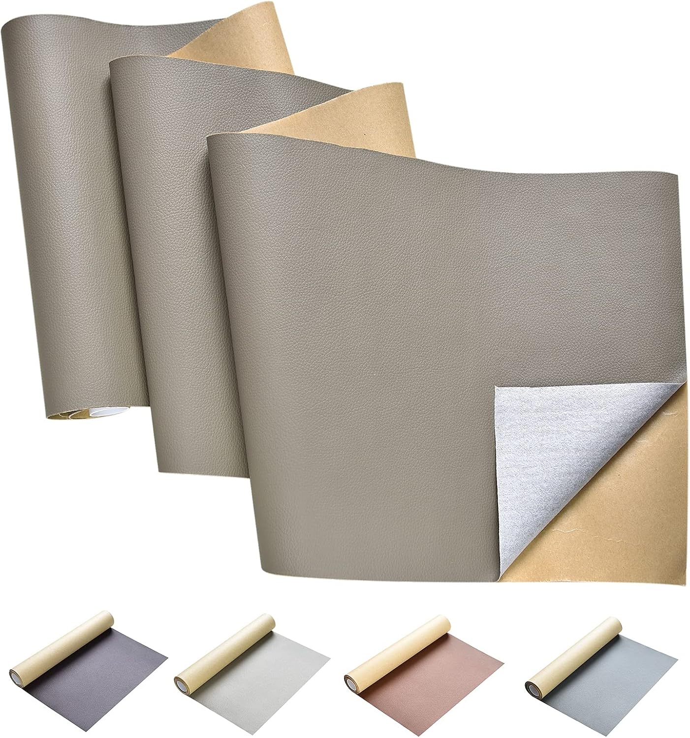 HS.DK 10*53 Inch Litchi Grain Texture Faux Leather, Self-Adhesive Leather Repair Patch for Sofas, Couch, Furniture, Drivers Seat(WarmGray)