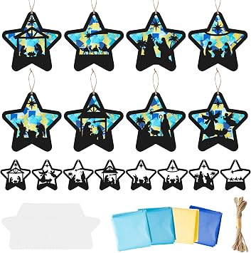 CJiangpo 24 Sets Christmas Nativity Suncatcher Paper Craft Kits, DIY Stained Glass Effect Window Ornament Rainbow Tissue Paper Art Craft for Kid Classroom Activities Christian Religious Party Decor