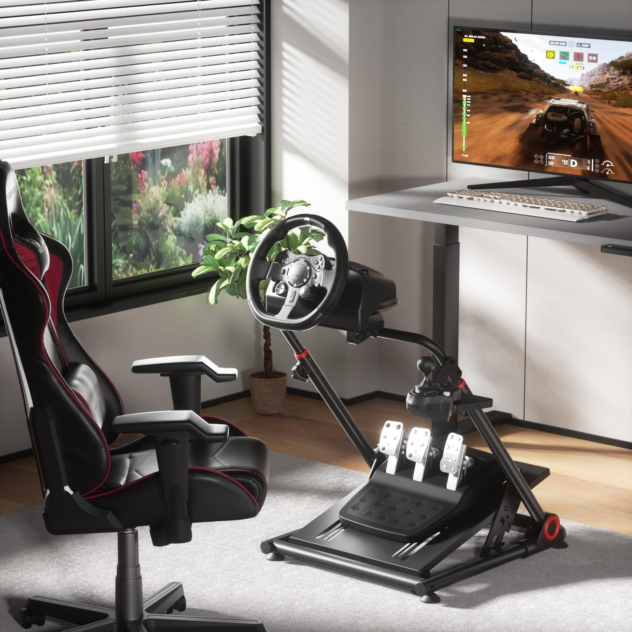 WilTec Soporte de volante para simulación de carreras 68 x 82 x 83 cm negro plegable, ajustable, soporta hasta 20 kg, para volante y pedales - experiencia de simulación gaming realista