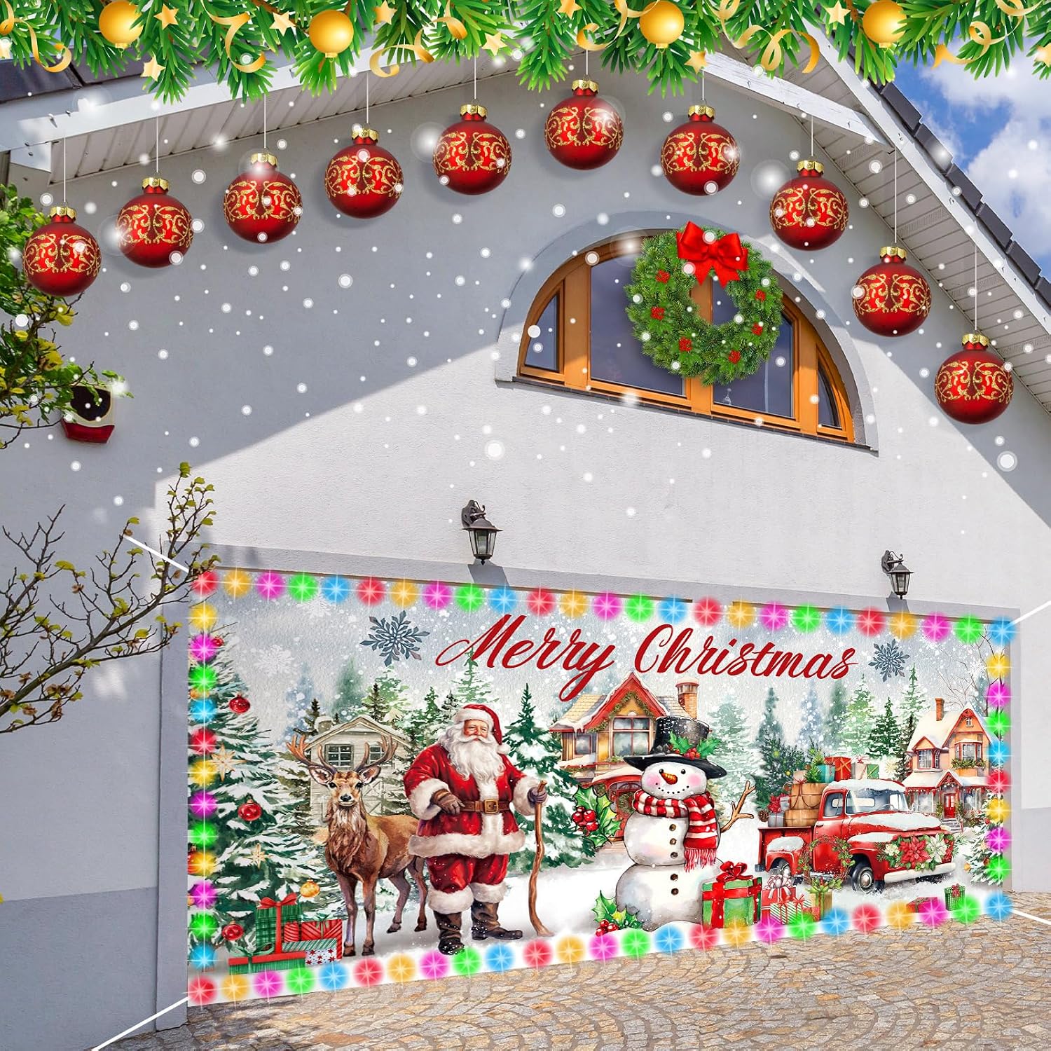 FuWeave 7x16ft Winter Snowman Garage Door Banner Cover with LED String Light Battery Box 2024 Outdoor Large Double Garage Doors Decors Winter Santa Backdrop for Wall Door House Party Decor(Snowman)
