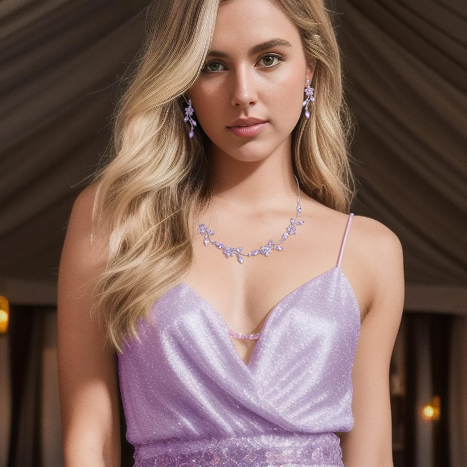 Crysdue Flower Bride Jewelry Set for Women Bridesmaid, Elegant Czech Diamond Floral Leaf Statement Necklace Dangle Earrings, Wedding Prom Party Jewellery - Image 3