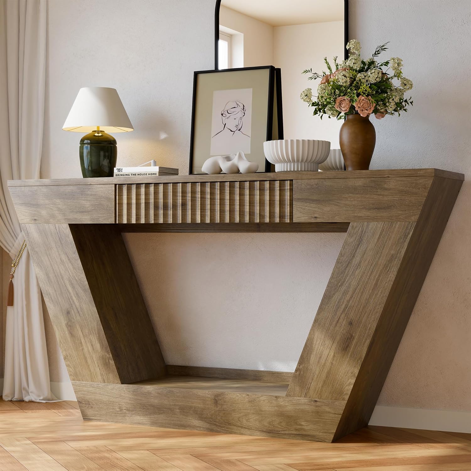 senlin 47.3'' Farmhouse Console Table,Wooden Sofa Table with Fluted Drawers and Open Storage,Suitable for Entryways, Hallways,Living Rooms, Brown