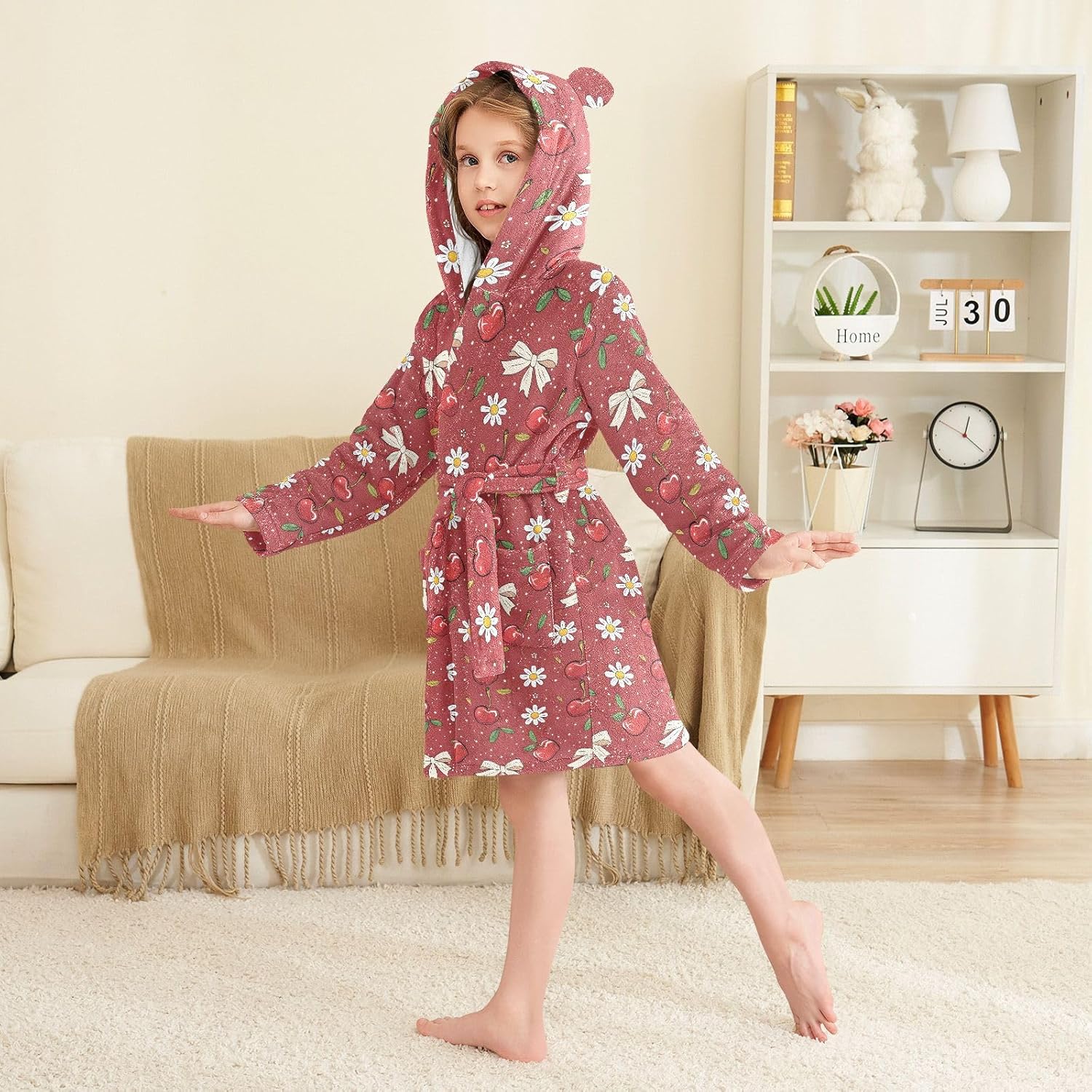 senya Red Cherry with Daisy Toddler Hooded Bathrobe Kids Soft Plush Bath Towel Robes for Boys Girls 2-12 Years