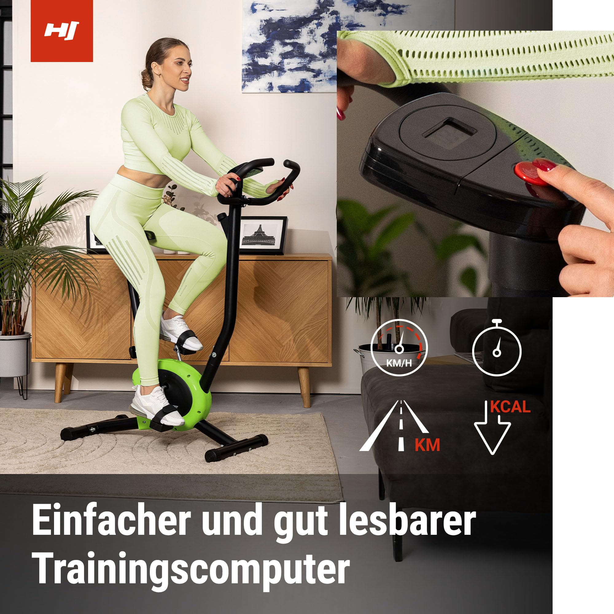 Hop-Sport Heimtrainer Fahrrad Rio - Kompaktes Ergometer für Zuhause mit Trainingscomputer, Manuelle Widerstandsregelung, Ergonomischer Sattel, Anti-Rutsch Pedale, Transportrollen