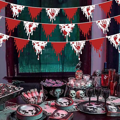 Miniatura 4 de Decoraciones de fiesta de Halloween de 30 pies, huella de mano sangrienta roja, bandera triangular, banderines de tela, serpentinas para feliz