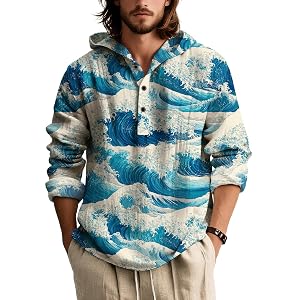 Mens Long Sleeve Button Down Shirt Japanese Art Print Relaxed Fit Casual Top Artistic Style Navy Black