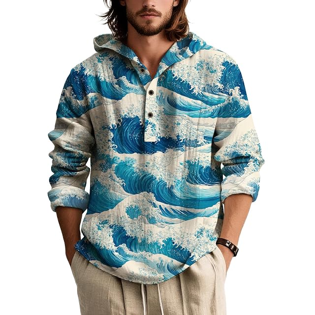 Mens Long Sleeve Button Down Shirt Japanese Art Print Relaxed Fit Casual Top Artistic Style Navy Black