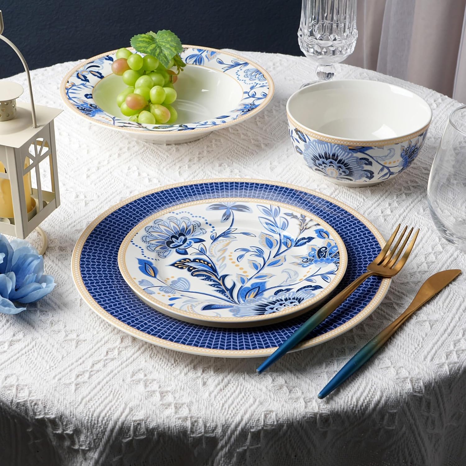 Bone China Dinnerware Set of 24 for 6 pers. Dessert Plate Dinner Plate Soup Plate with Serving Bowls (Melodie de Fleurs)