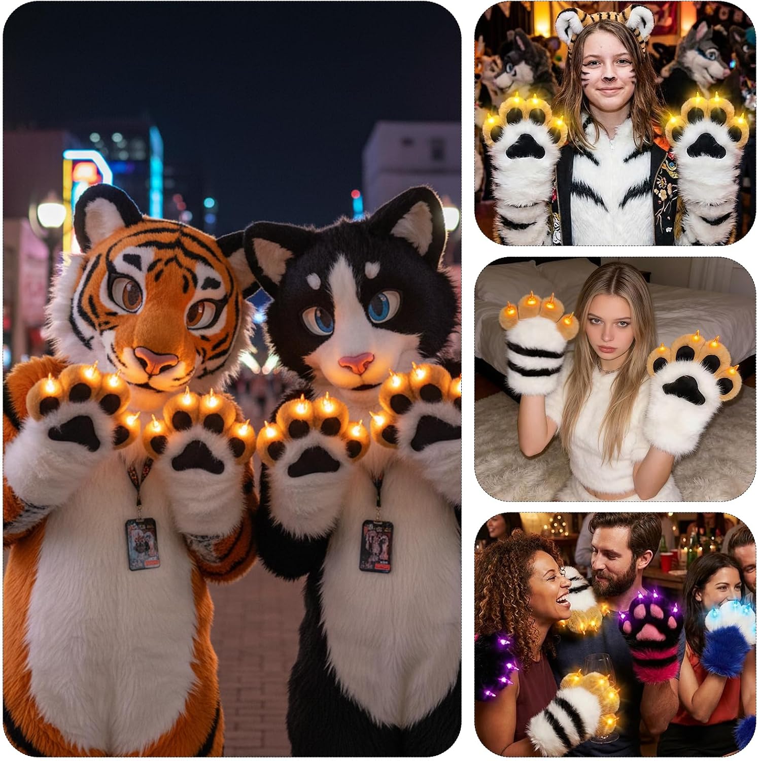 Cosplay Furry LED Paw Gloves Fursuit Light Up Animal Claw Decompression Toys Halloween Party Accessories Adults