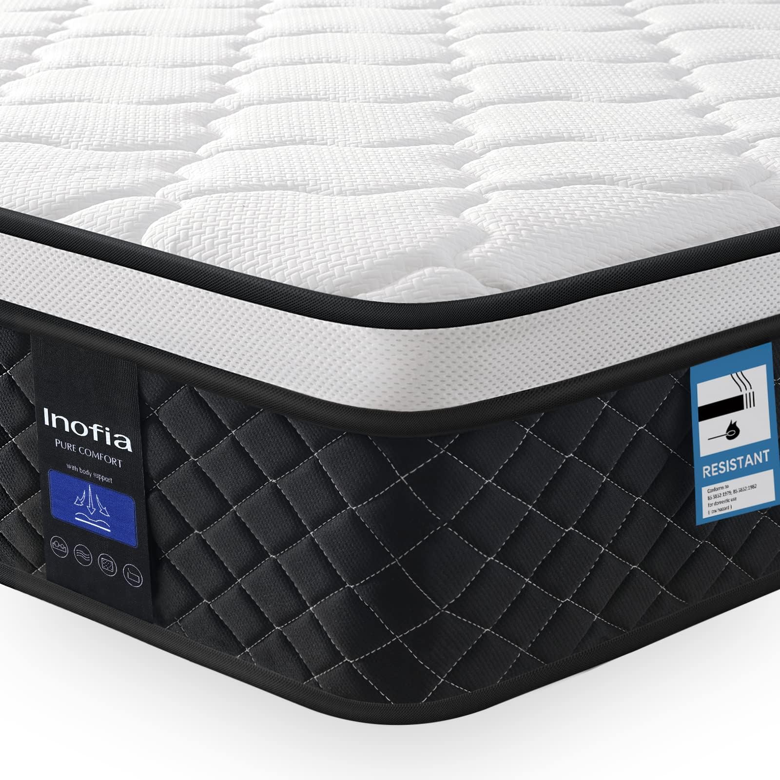 Inofia 4FT6 Double Mattress,10.3Inch COOLMAX Gel Memory Foam Pocket Spring Hybrid Mattress Double,Breathable Foam and Soft & Cooling Touch Fabric,Medium Firm Feel,WHITE,Double