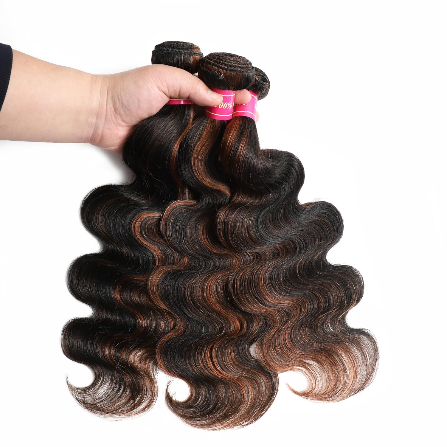 BQRIH 12A Brown Highlight Body Wave Bundles Human Hair 10 12 14 In Brazilian Virgin Wavy Weaves F1B/30 Black and Honey Blonde Ombre 3 Bundles Soft Balayage Colored Human Hair Extensions For Women Remy