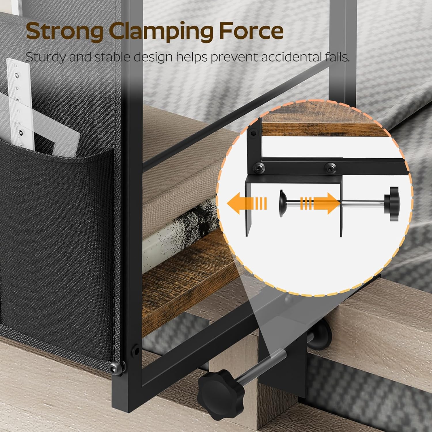 Bedside Shelf, Bunk Bed Shelf with Fabric Pockets Storage, Clip-on Loft & Bunk Bed Tray Shelf for College, Nightstand for Apartment, Sofa, Bedroom, Rustic Brown and Black ET20BR