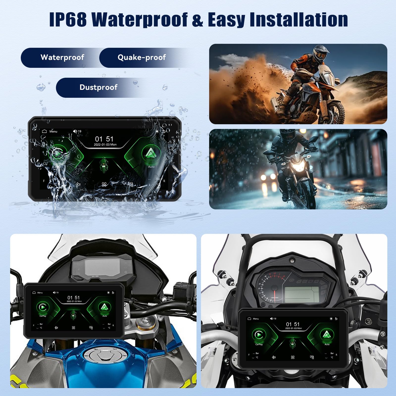 GPS CarPlay Écran pour Moto avec TPMS Système, CarPlay sans Fil Android Auto, Appareil de Navigation pour Moto étanche IP68 6 Pouces avec Bluetooth Mirror Link Siri EQ