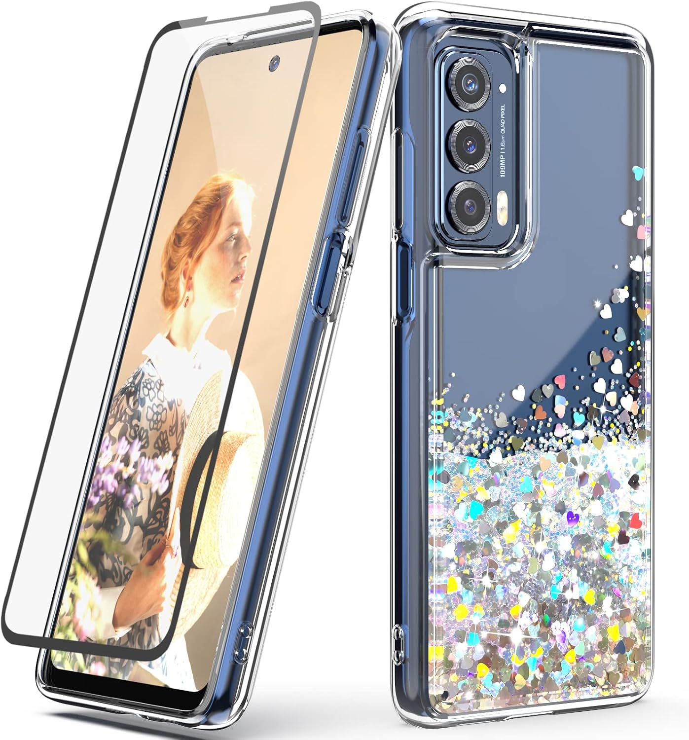 DagoRoo for Motorola Moto Edge 2021 Case with Tempered Glass Screen Protector, Girls Women Slim Flexible TPU Bling Liquid Case Cover for Motorola Edge 5G UW (LS-Silver)