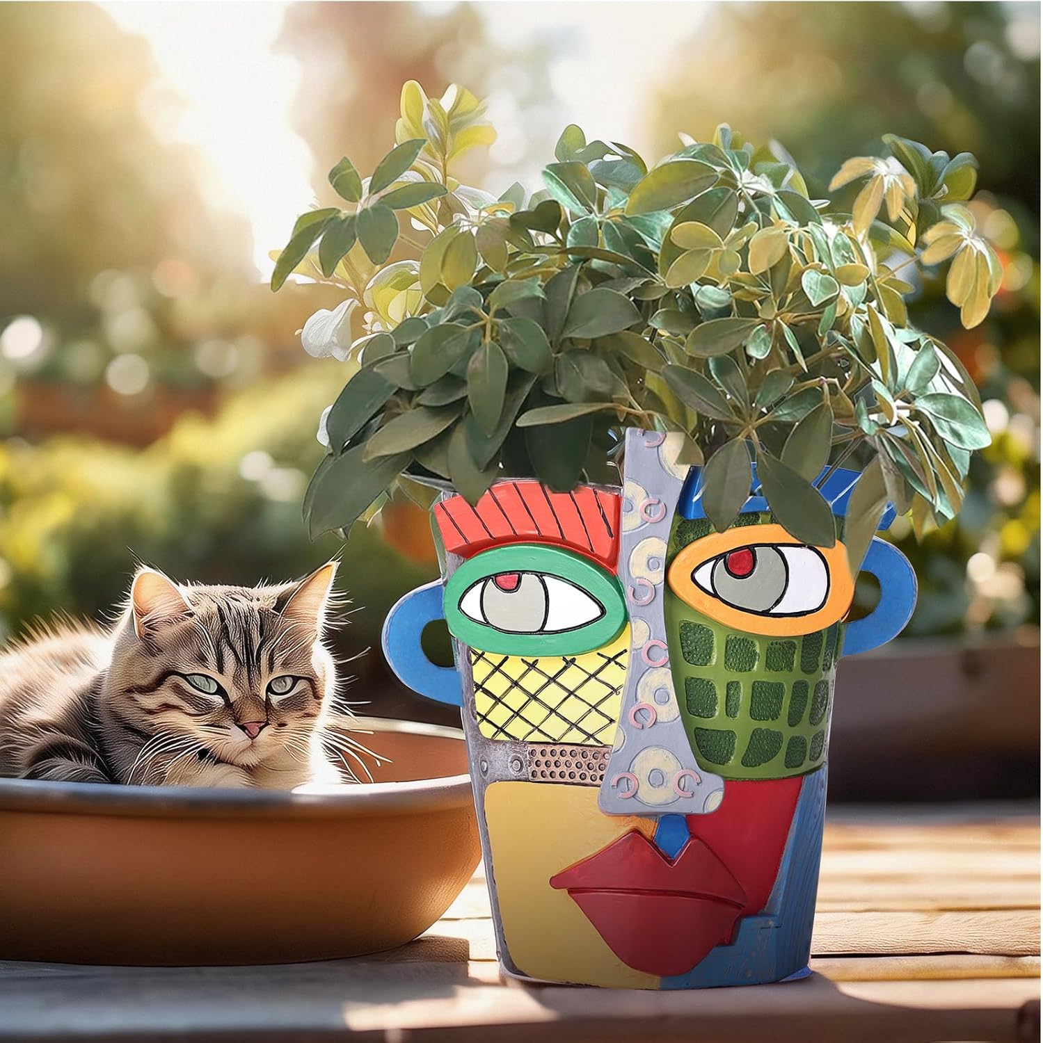 7.3" Tall Unique Large Face Planters Pots Head, Abstract Art Colorful Funky Plant Pots with Drainage, Fun Graffiti Planter for Outdoor and Indoor Plants (Colorful)
