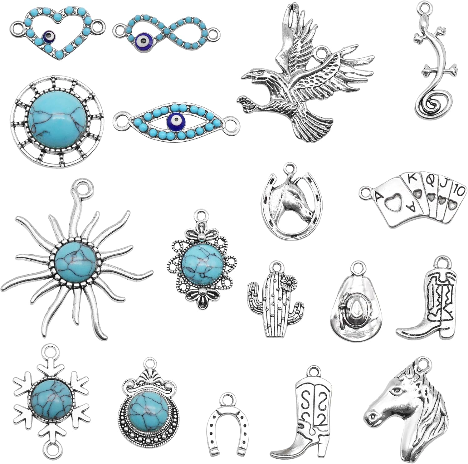 Julie Wang 36PCS Western Cowboy Pendant Antique Silver Blue Turquoise Charm Mixed for Necklace Earrings Bracelet Jewelry Making Crafts DIY Supplies 18 Styles