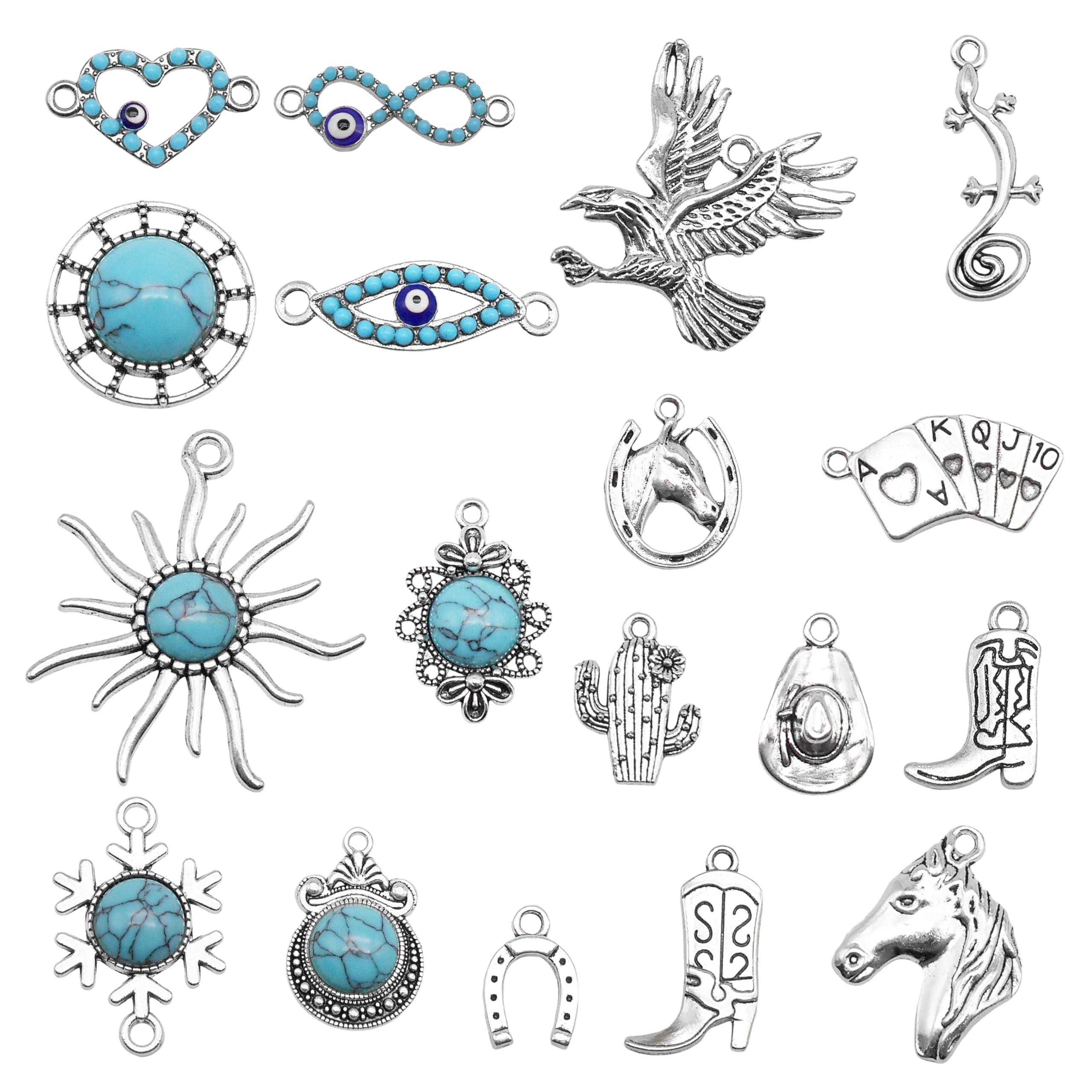 Julie Wang 36PCS Western Cowboy Pendant Antique Silver Blue Turquoise Charm Mixed for Necklace Earrings Bracelet Jewelry Making Crafts DIY Supplies 18