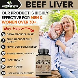Wholesome Wellness Grass Fed Desiccated Beef Liver Capsules (180 Pills, 750mg Each) - Natural Iron, Vitamin A, B12 for Energy - Raised Undefatted in New Zealand Without Hormones or Chemicals