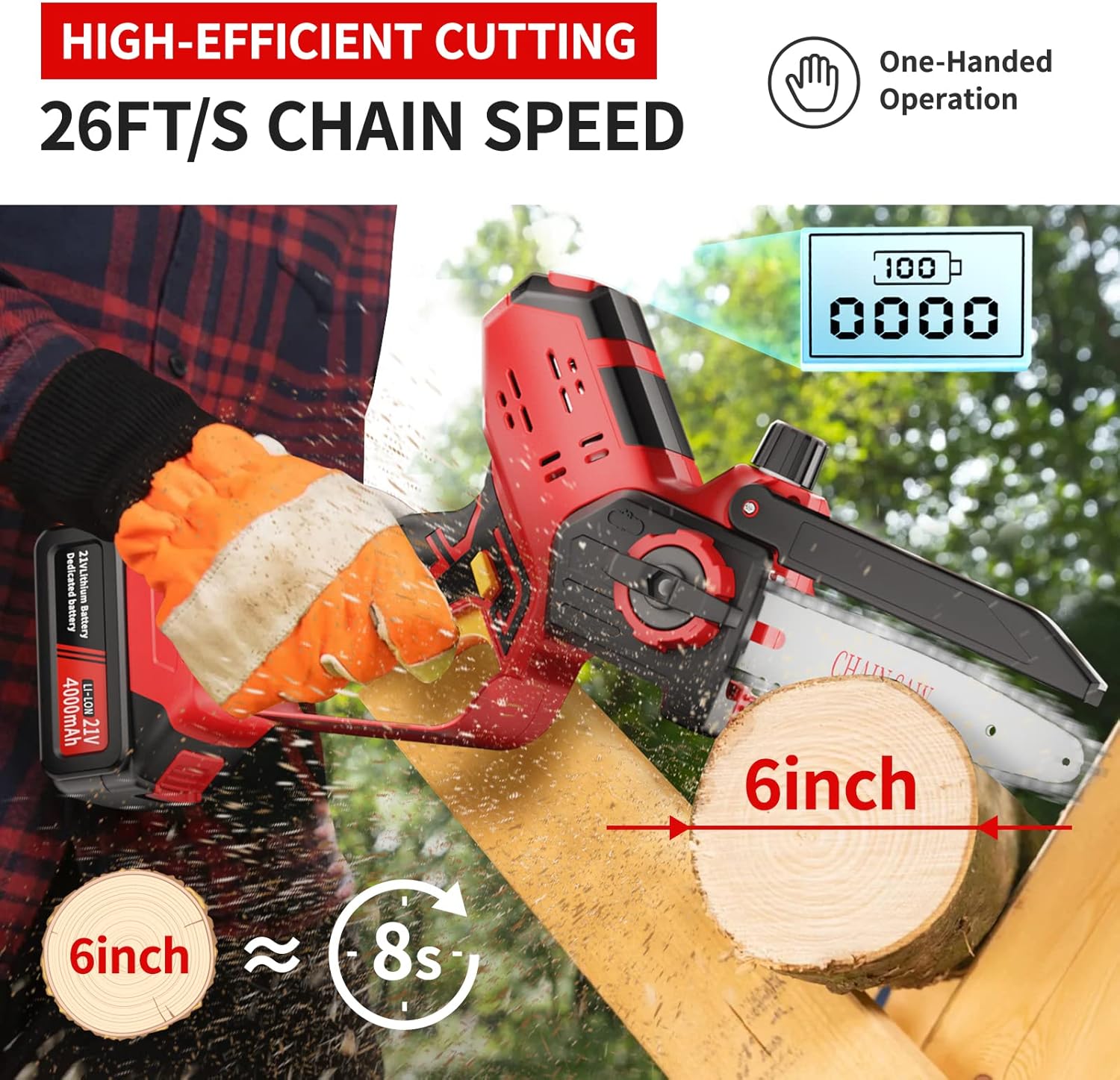 Akülü mini motorlu testere, 6 inç çapındaki bir kütüğü keserek kesme kabiliyetini gösteriyor.