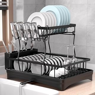 Dish Drying Rack, Large Dish Drainer 2 Tier for Kitchen Counter Sink Escurridor de Trastes Platos para Fregadero Cocina Dish Drain Strainers with Drainboard Dishwasher Dryer Rack for Cabinet Black