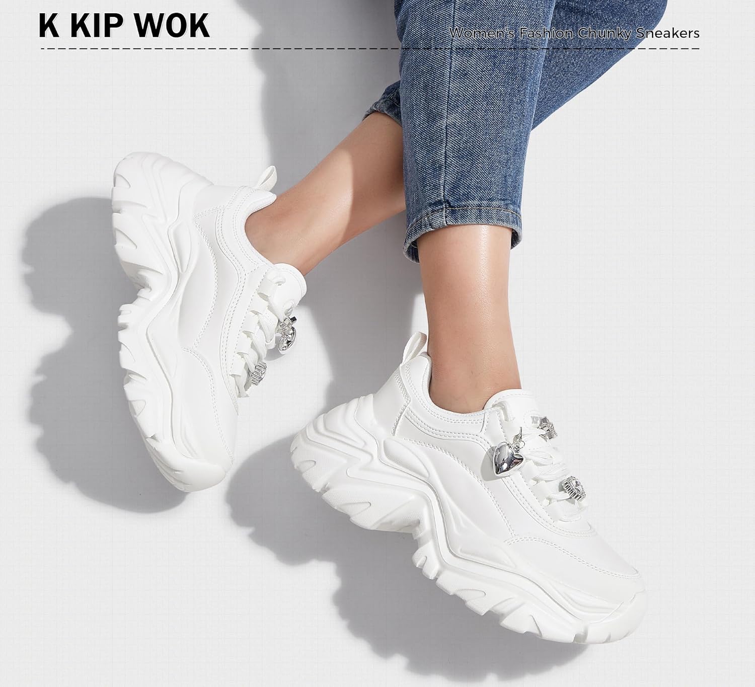 K KIP WOK Chunky Sneakers for Women Fashion Platform White Leather Casual Dad Shoes Comfortable Wedge Walking Sport Sneakers