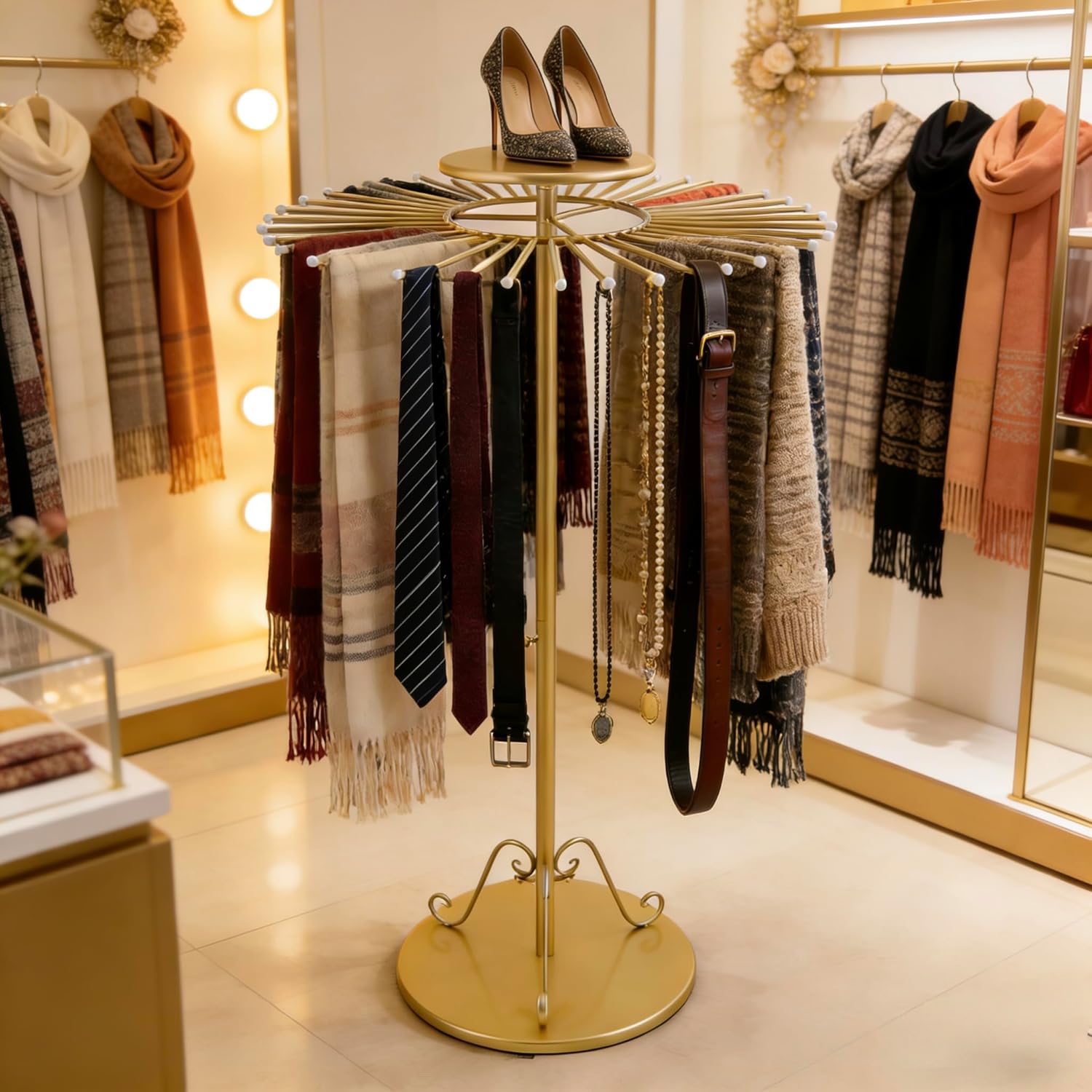 Gold 360°Rotating Scarf Display Tie Rack Belt Hanger Shawl Hijab Stand, Boutique Retail Display Stand Home Organizer Holder for Commercial Clothing Store, Bedroom(53.1in, 45 Hanging Rods)