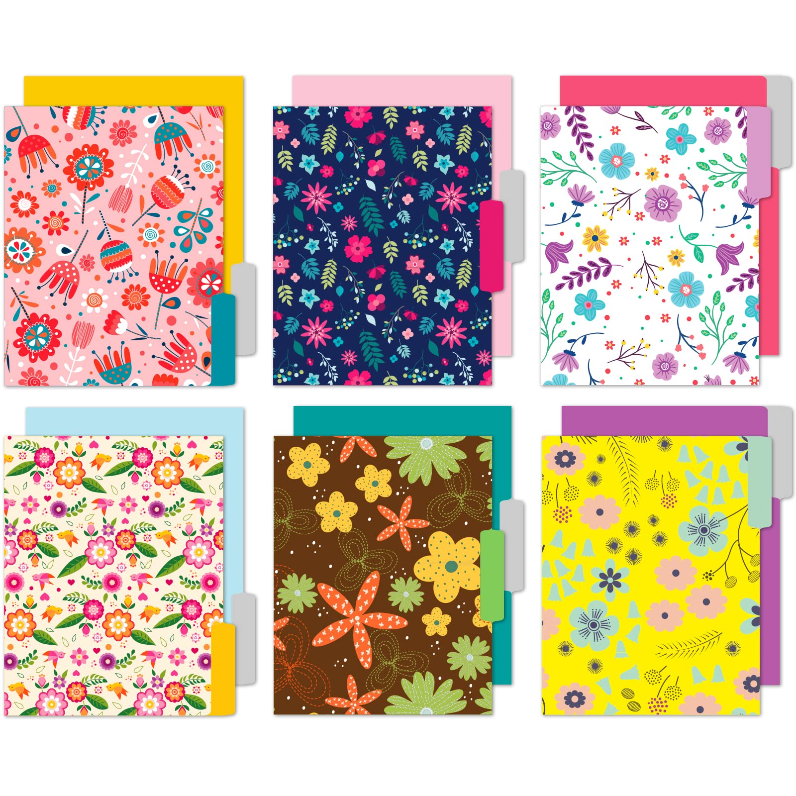 File Folders Letter Size - 12 Pack Premium Waterproof Decorative File Folders in Beautiful Colors & Flora Designs - Colored File Folders with tabs -