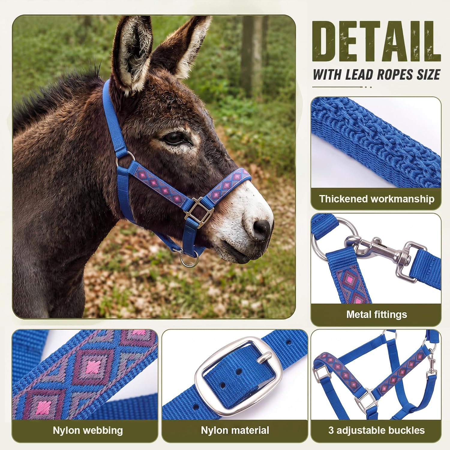 Miniature Donkey Halter, Adjustable Nylon Pony Halter with 3 Adjustable Buckles, Lightweight Small Equine for Farm Mini Horses Training, Blue, No Lead Rope Included
