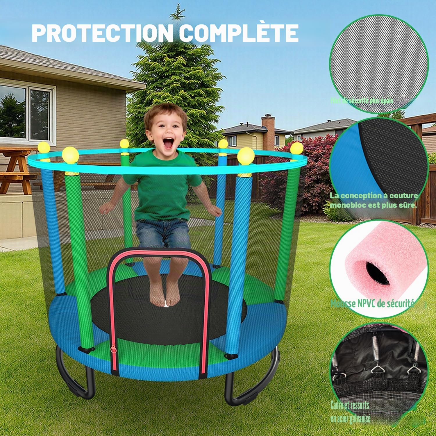 Trampoline pour Enfants 150 cm intérieur/extérieur – avec Filet de sécurité, Panier de Basket et Accessoires de Jeu. Cadeau d'anniversaire et de Noël pour garçons et Filles