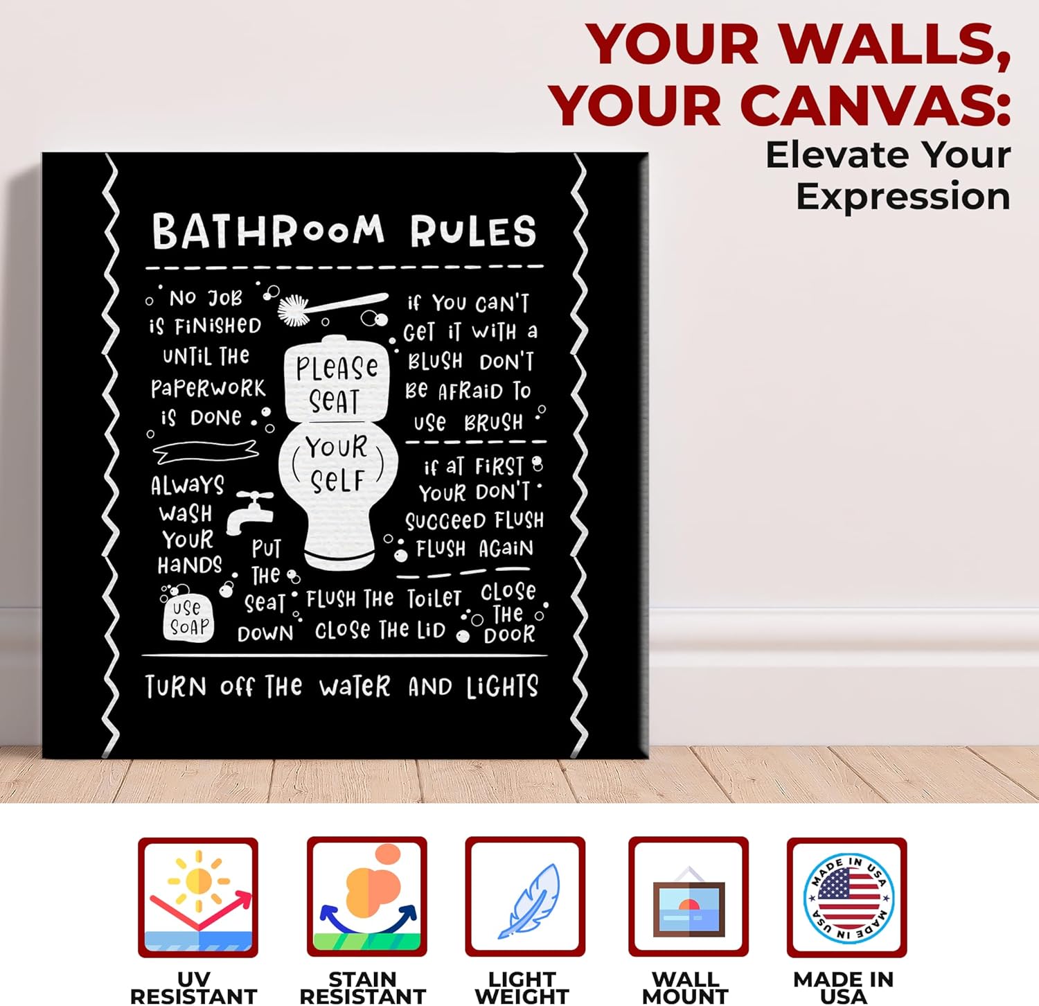 Toilet Rules Canvas Wall Art by Mavis Print- 24x24 inches Bathroom Wall Decor | HD Printed & Wooden framed wall art | Modern Wall Decor for Bathroom | Fun Housewarming Gift | Made in USA
