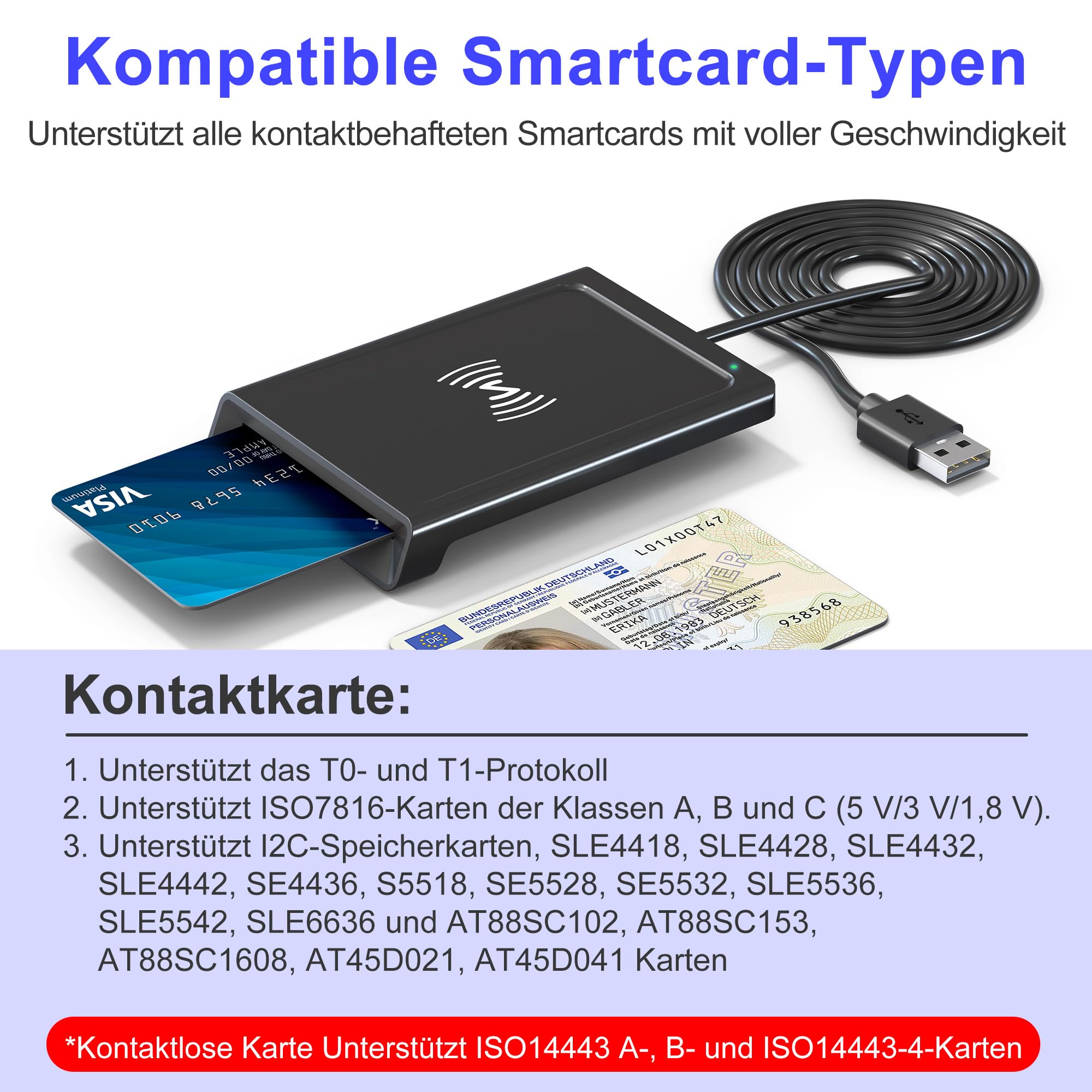 Kartenlesegerät Personalausweis NFC & Chipkartenleser 2in1, NFC Lesegerät & Chipkartenleser für den Neuen Personalausweis Bankkarten, Smartcard Reader NFC kompatibel mit Windows, Linux, Android, Mac