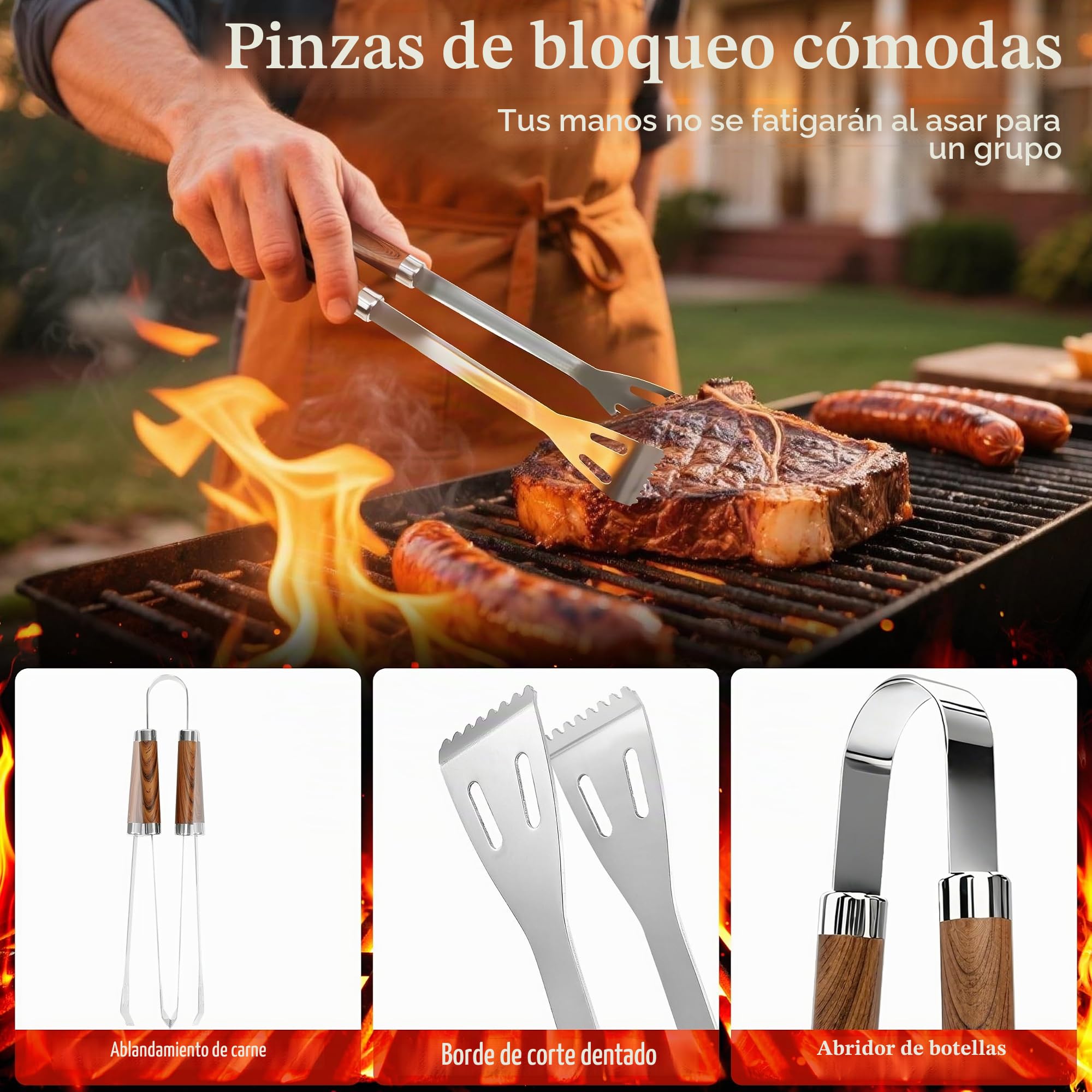 Juego de 7 cubiertos para barbacoa de acero inoxidable con bolsa de almacenamiento, juego de barbacoa con asas de madera resistentes al calor, ideal como regalo de barbacoa para hombres