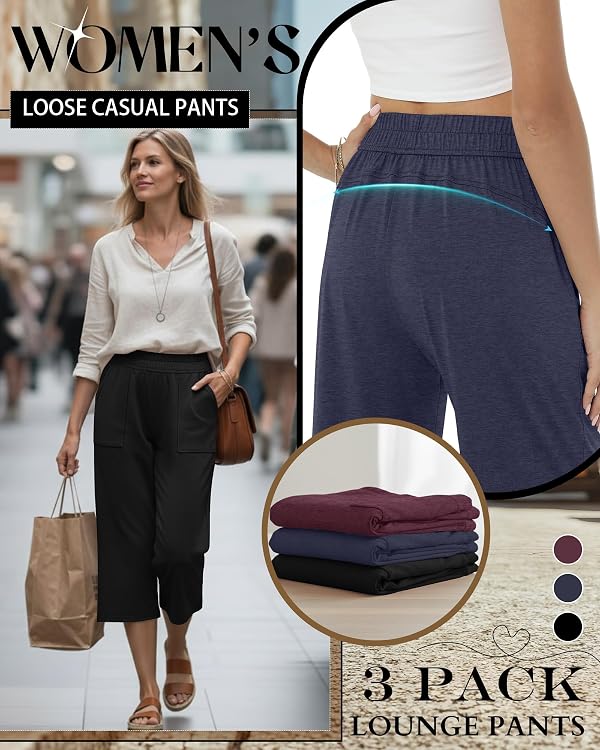 Neer 3 Pack Women's Capris Cotton Capri Sweatpants Cozy Wide Leg Casual Loose Cropped Lounge Jogger Yoga Pant with Pockets(Large,Black, Wine Red, Midnight Blue) by Neer - Used condition - Image 3