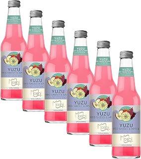 Moshi Yuzu Sparkling Drink, Aromatic and Zesty, Made with 100% Yuzu juice, All-Natural, Vegan, Gluten-free, No Artificial Preservatives/Coloring - 12 oz (6 Glass Bottles) - Red Shiso & Apple
