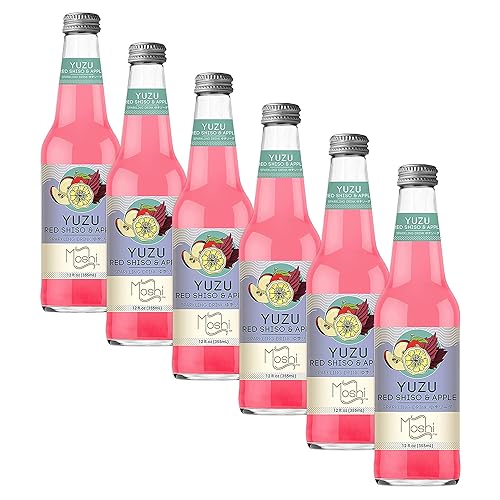 Moshi Yuzu Sparkling Drink, Aromatic and Zesty, Made with 100% Yuzu juice, All-Natural, Vegan, Gluten-free, No Artificial Preservatives/Coloring - 12 oz (6 Glass Bottles) - Red Shiso & Apple