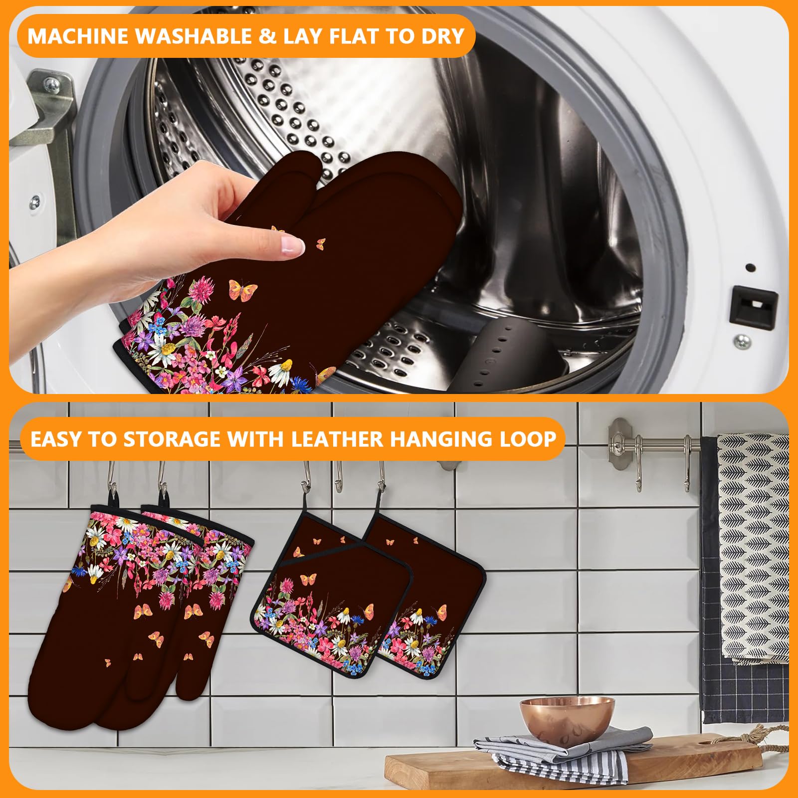 Wildflowers - Juego de 4 manoplas de horno y soportes para ollas, guantes de horno extralargos para cocina, cocina, hornear, barbacoa, 100% algodón resistente al calor 5