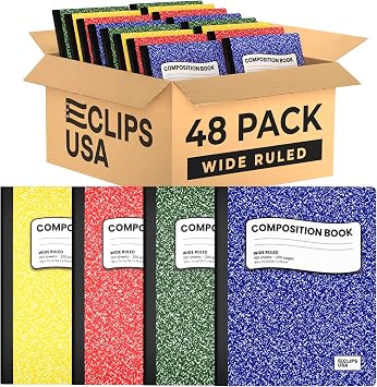 E-CLIPS USA Composition Notebook College Ruled Marble Composition Notebooks Bulk College Ruled Notebooks for Work 9.75" x 7.5" 100 sheets 200 Pages 48 Pack Assorted colors