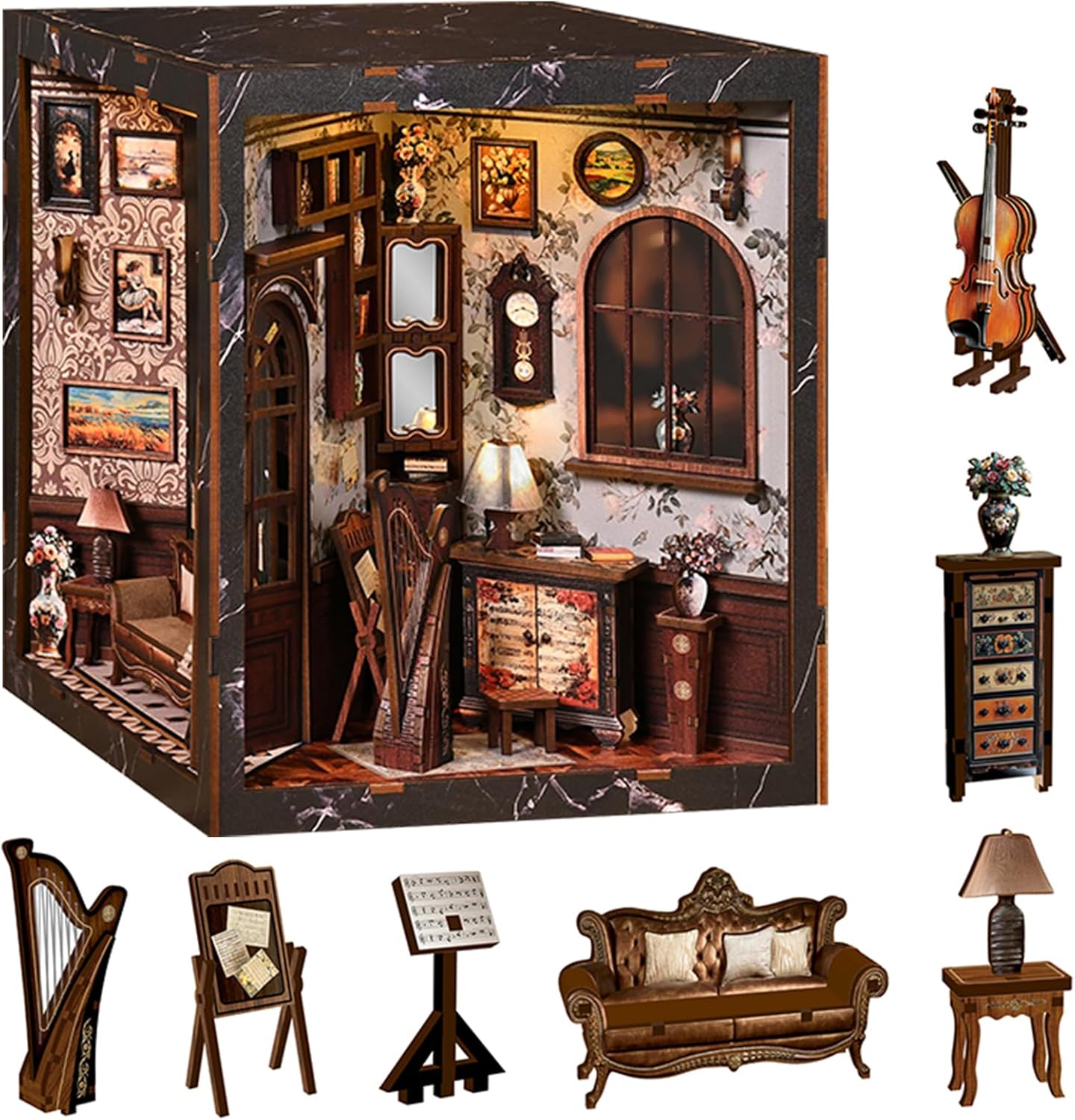 Roroom DIY Miniature House Kit, Wisdom Rings Book Repository Book Nook Kit with LED Light,3D Wooden Puzzle Miniature Dollhouse Kit for Bookshelf Decor-Creative Gift for Family and Friends