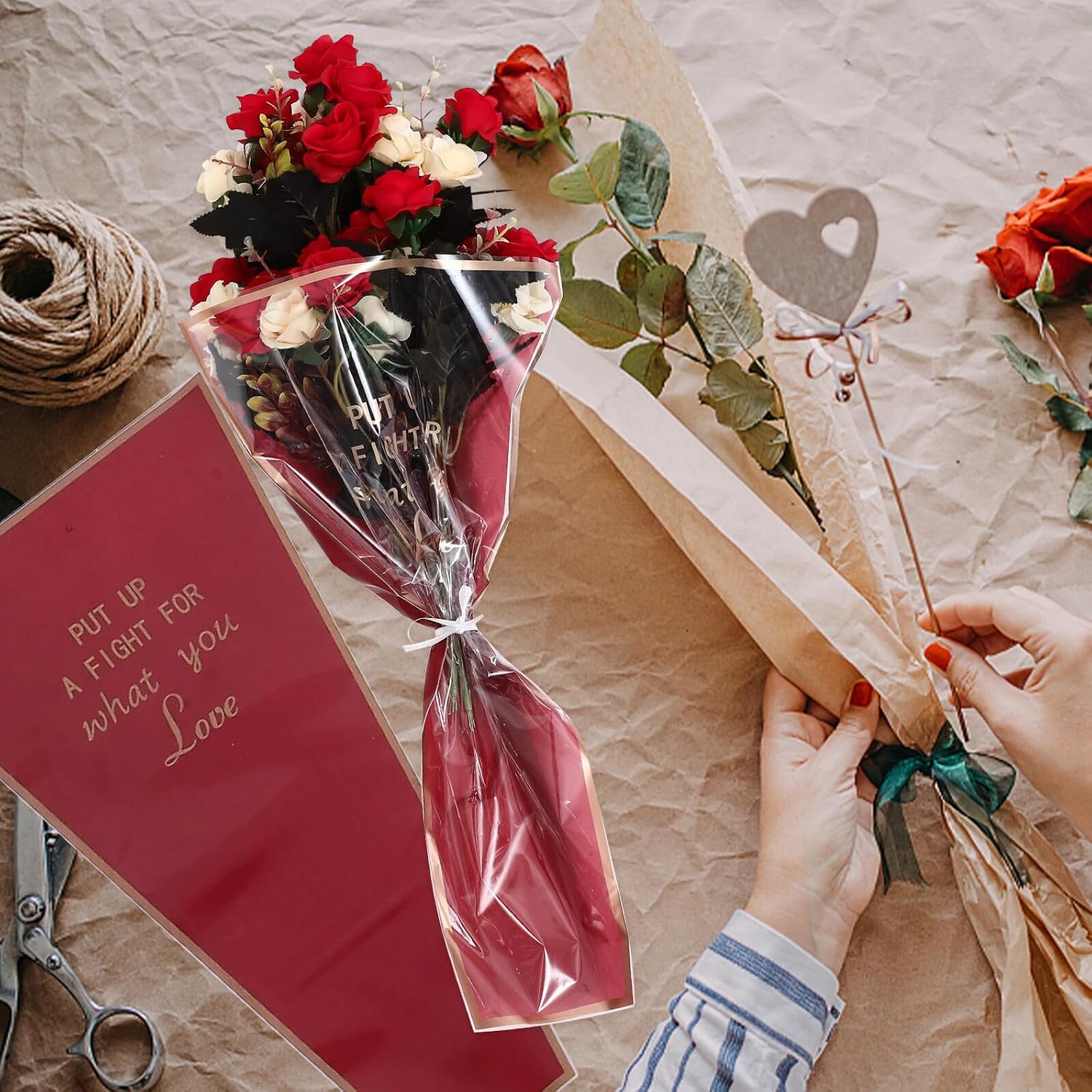 WRITWAA 150pcs Floral Bouquet Sleeves with Gold Edges, Rose Bouquet Bags Set in 6 Colors, Waterproof Flower Wrap Sleeves for Florists and Flower Shops, Large Size for Wedding