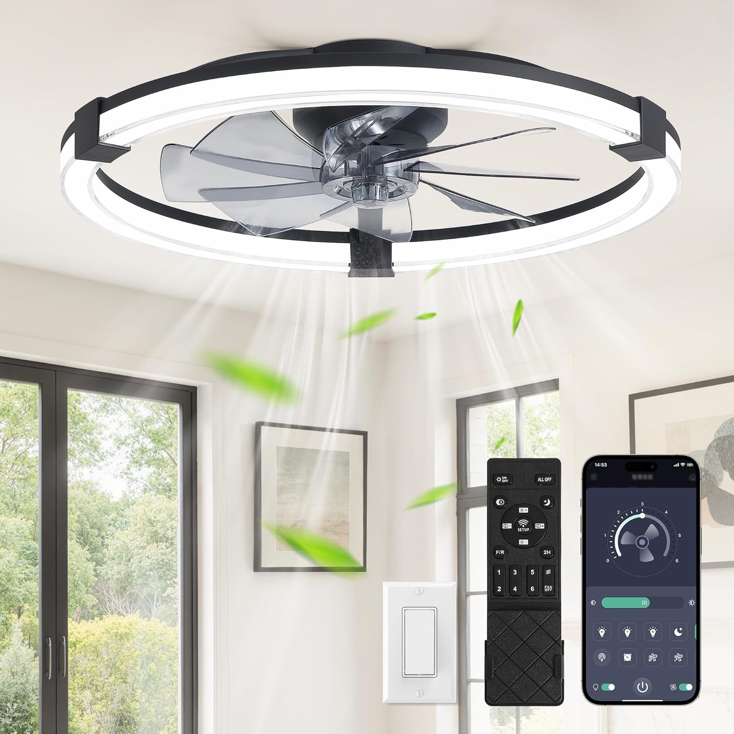 LEDIARY Ceiling Fans with Lights, 23 Inch Low Profile Ceiling Fan with Remote, 6 Speeds, Reversible, Dimmable Flush Mount Fan Light, Modern Fandelier Ceiling Fan with Lights for Bedroom, Black