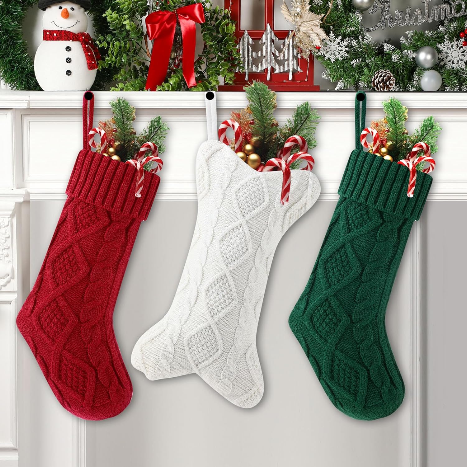 Soulchen 3 Pcs Dog Christmas Stockings Bulk 18 Inches Large Cable Knitted Hanging Christmas Stocking 15 Inch Bone Xmas Stocking for Family Xmas Tree, Fireplace for Dogs Pets (Red Green,White)