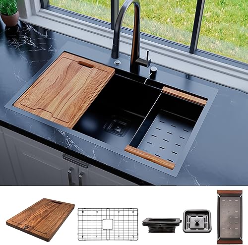 Miniatura 9 de Strictly Sinks - Fregadero con estación de trabajo de cocina de 33 pulgadas, color negro plomizo, cuenco individual de acero inoxidable calibre 16,