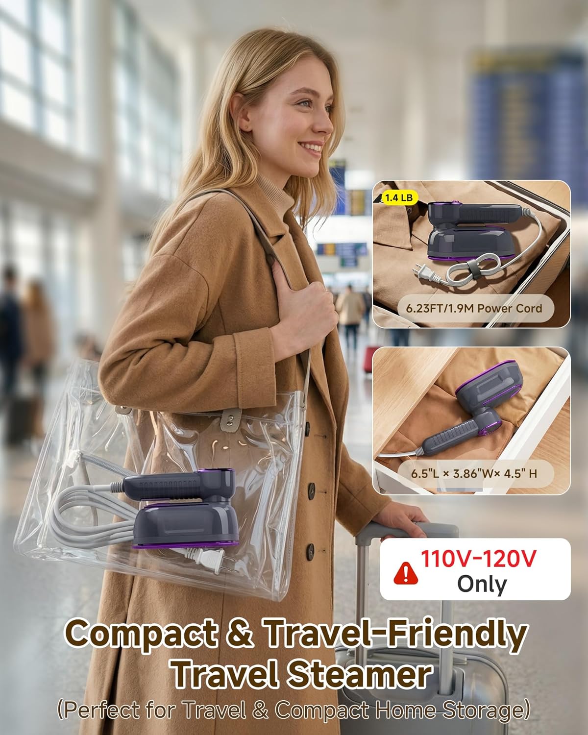 Steamer for Clothes, Travel Steamer, 2 in 1 Clothes Steamer Handheld, 1200W 4 Modes 10s Fast Heat-Up, 180° Rotating Handle Ceramic Soleplate, 6.23FT Extended Power Cord, for Travel Home Office